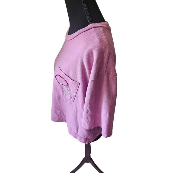 Pink Cropped GAP Tee Rhinestone “BAD BXTCH” & Heart Pocket Y2K Baddie Vibes M/L - Picture 2 of 9